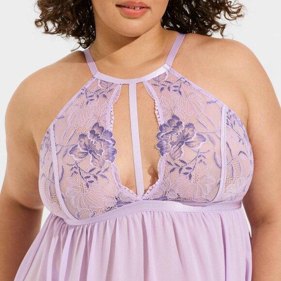 ❤️NWT VINTAGE TORRID LACE WIRELESS BABYDOLL SHEER HIGH NECK LILAC LINGERIE PLUS - Picture 2 of 12